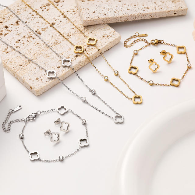 Lucky Four-leaf Clover Flower stainless Steel Hollow Necklace Bracelet Earrings suit