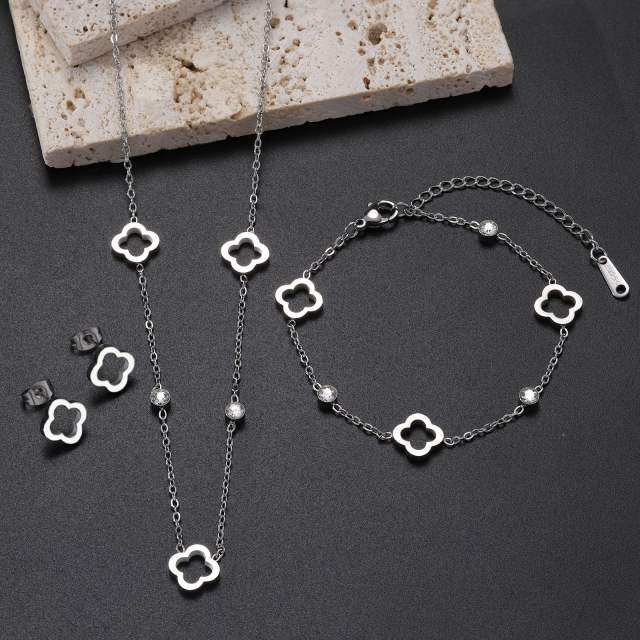 Lucky Four-leaf Clover Flower stainless Steel Hollow Necklace Bracelet Earrings suit