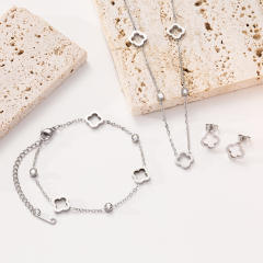 Lucky Four-leaf Clover Flower stainless Steel Hollow Necklace Bracelet Earrings suit