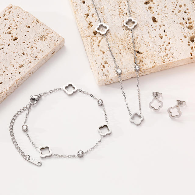 Lucky Four-leaf Clover Flower stainless Steel Hollow Necklace Bracelet Earrings suit