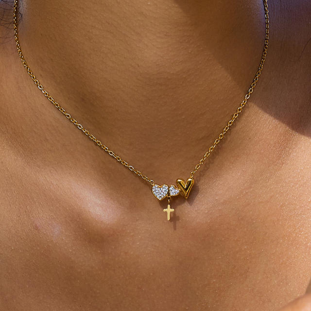Romantic 18K Gold Stainless Steel with Diamond Heart Cross Glossy Heart Necklace
