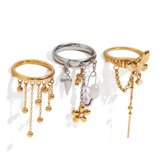 Sweet Y2K Style 18K Gold Stainless Steel Handmade Heavy Steel Ball Tassel Stainless Steel Ring