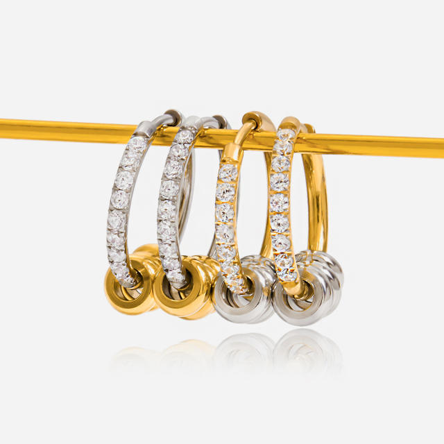 18KG diamond hoop rotatable bead stainless steel earrings