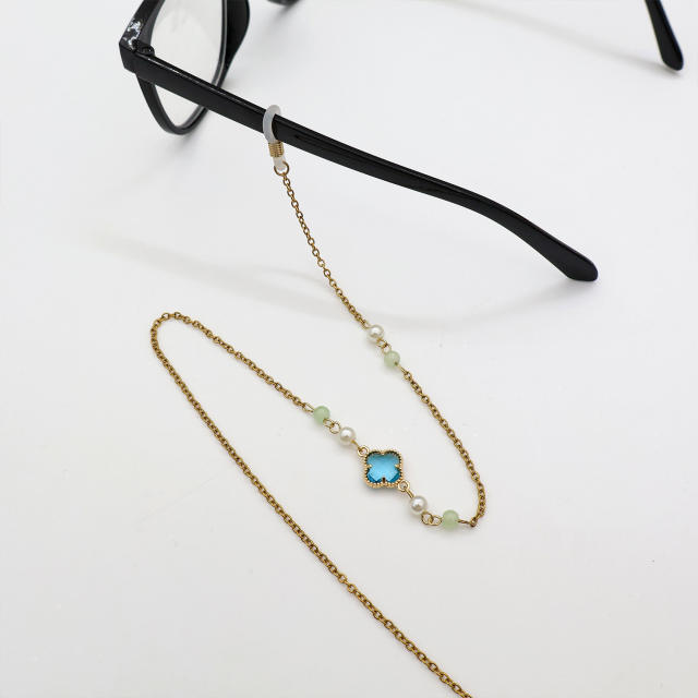 Coloful glass crystal clover stainless steel chain glasses chain