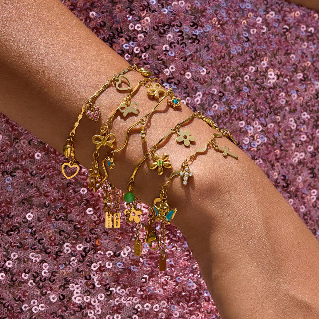 Holiday 18KG multi element charm thin chain stainless steel bracelet