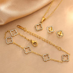 Diamond hollow clover stainless steel necklace bracelet set