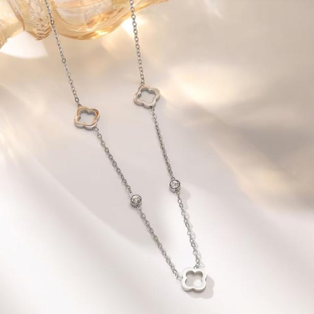 Lucky Four-leaf Clover Flower stainless Steel Hollow Necklace Bracelet Earrings suit