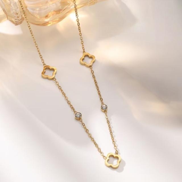 Lucky Four-leaf Clover Flower stainless Steel Hollow Necklace Bracelet Earrings suit