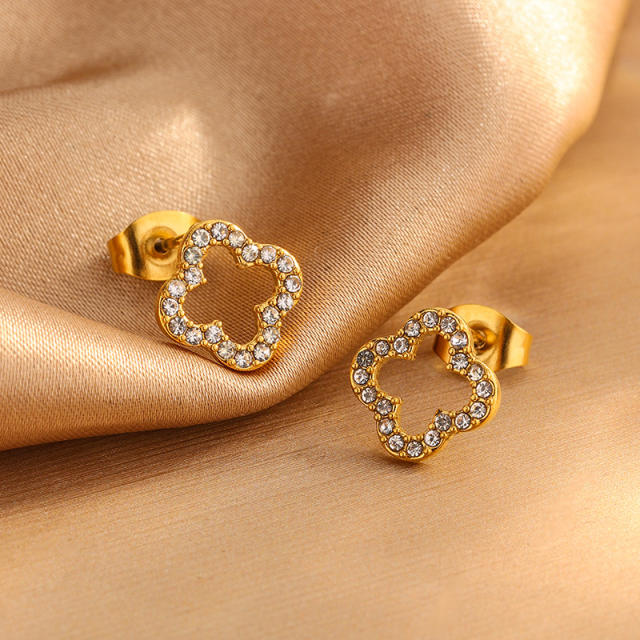 Diamond hollow clover stainless steel necklace bracelet set
