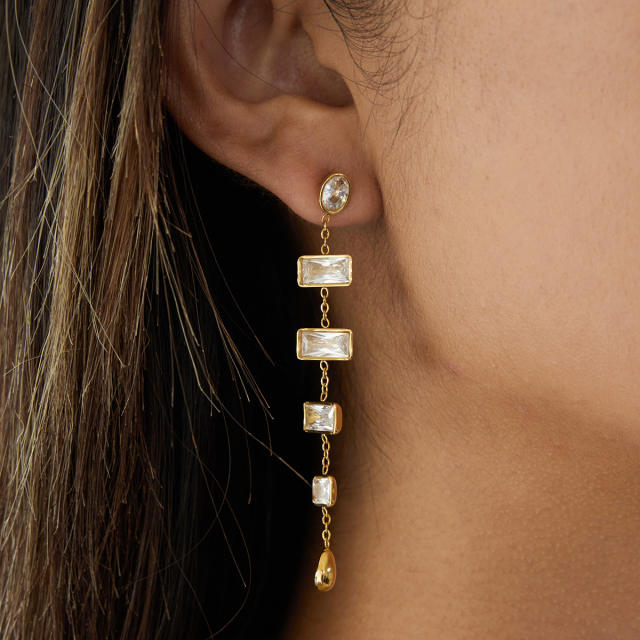18KG geometric square cubic zircon stainless steel earrings