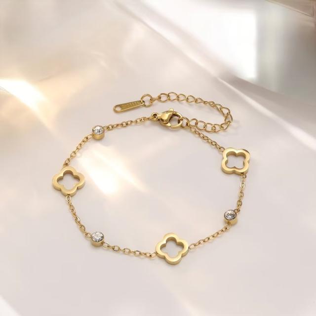 Lucky Four-leaf Clover Flower stainless Steel Hollow Necklace Bracelet Earrings suit