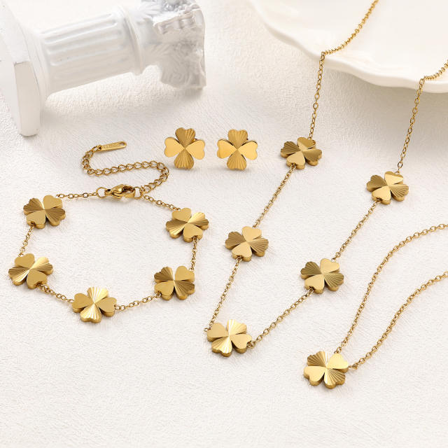 Stainless steel peach heart lucky four-leaf clover necklace bracelet earrings suit