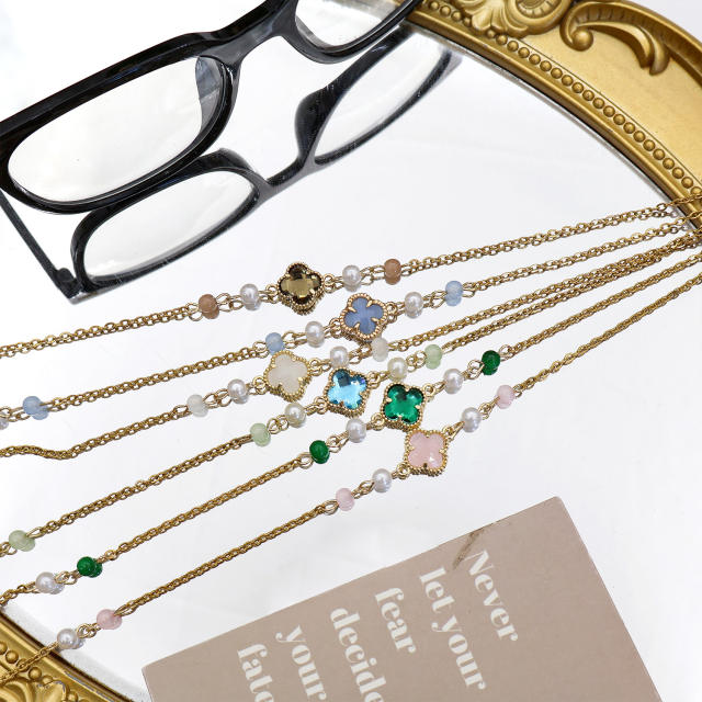Coloful glass crystal clover stainless steel chain glasses chain