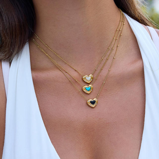 Sweet colorful natural stone inlaid heart stainless steel necklace
