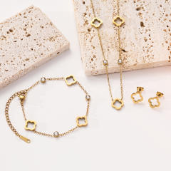 Lucky Four-leaf Clover Flower stainless Steel Hollow Necklace Bracelet Earrings suit