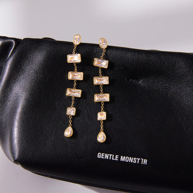 18KG geometric square cubic zircon stainless steel earrings