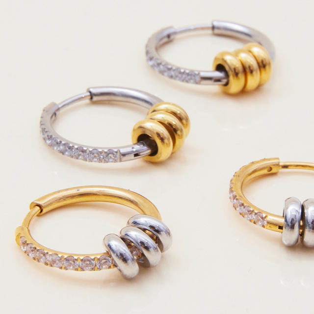 18KG diamond hoop rotatable bead stainless steel earrings