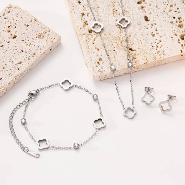 Lucky Four-leaf Clover Flower stainless Steel Hollow Necklace Bracelet Earrings suit