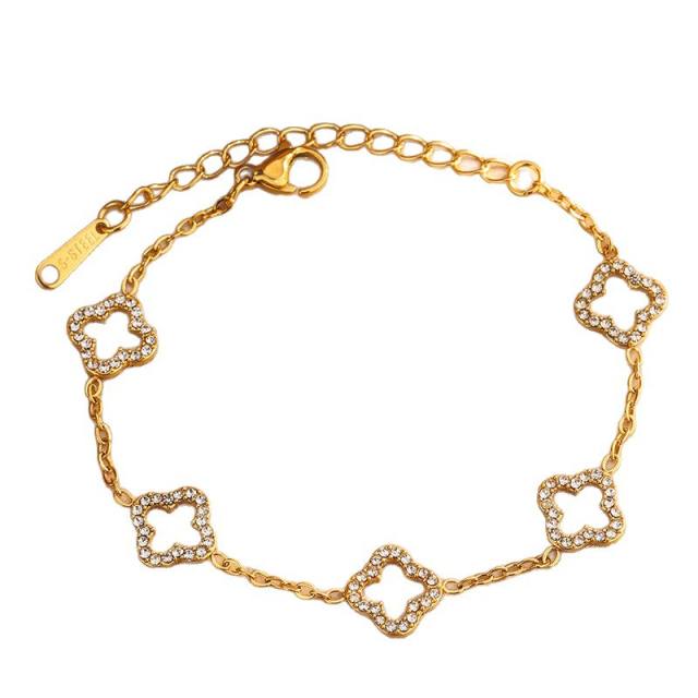 Diamond hollow clover stainless steel necklace bracelet set
