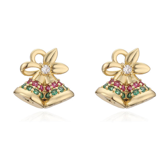 Sweet christmas hat elk bell design enamel copper studs earrings