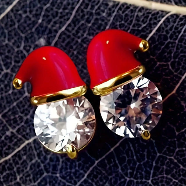 Cute enamel christmas hat diamond copper studs earrings