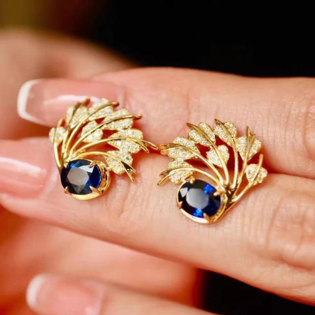 Elegant imitation sapphire crystal inlaid feature shape copper studs earrings