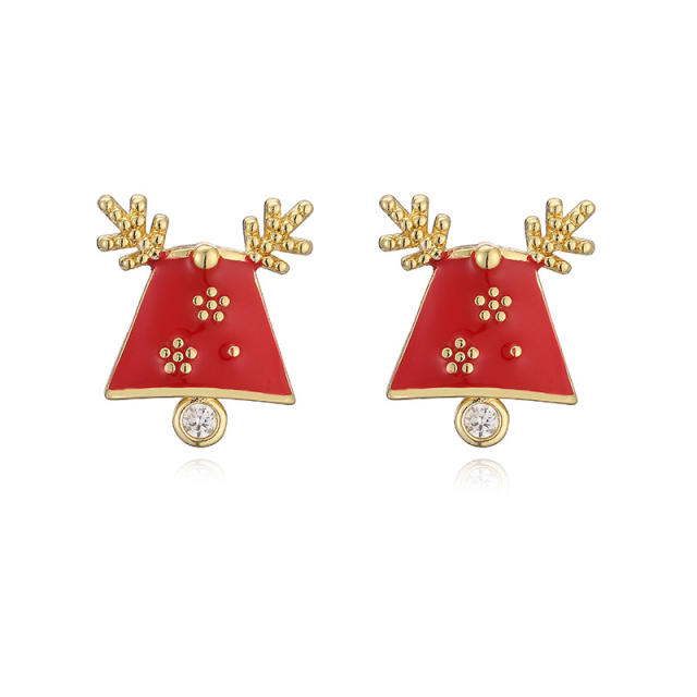 Sweet christmas hat elk bell design enamel copper studs earrings