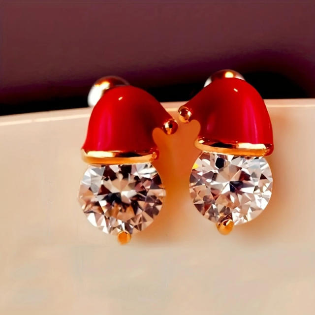 Cute enamel christmas hat diamond copper studs earrings