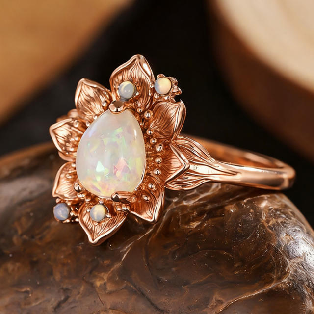 Vintage imitation opal stone statement copper rings