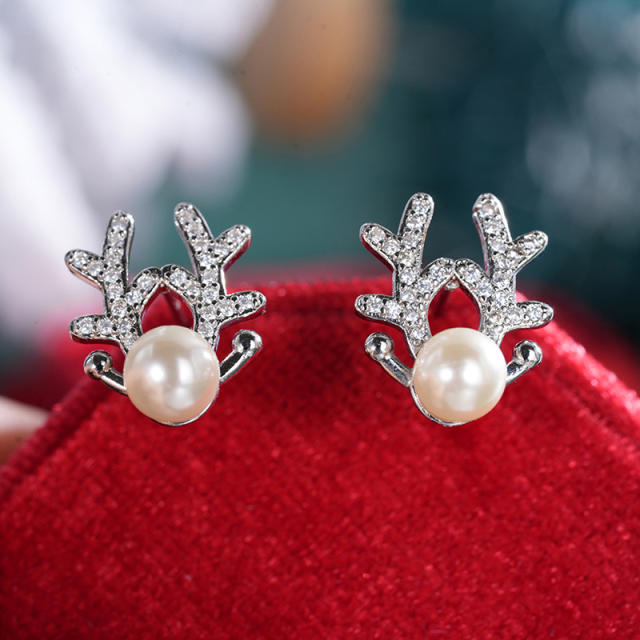 Imitation pearl diamond elk copper studs earrings christmas earrings