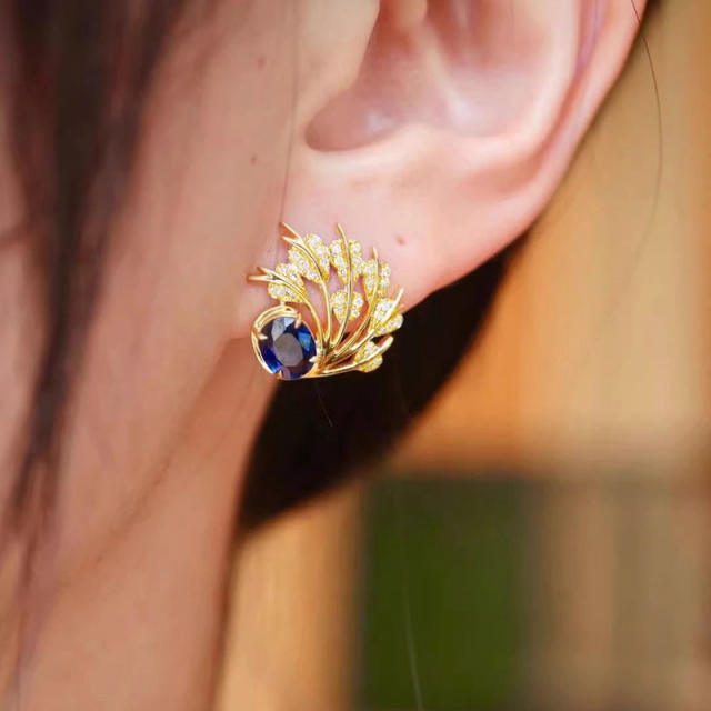 Elegant imitation sapphire crystal inlaid feature shape copper studs earrings