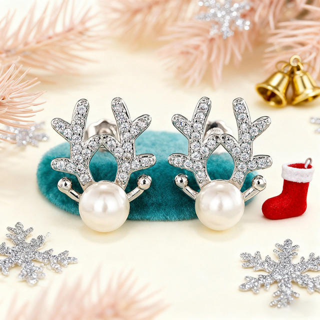 Imitation pearl diamond elk copper studs earrings christmas earrings