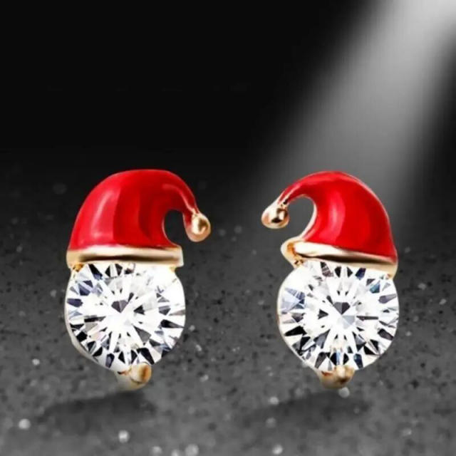 Cute enamel christmas hat diamond copper studs earrings