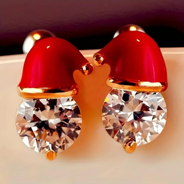 Cute enamel christmas hat diamond copper studs earrings