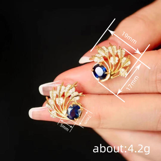 Elegant imitation sapphire crystal inlaid feature shape copper studs earrings