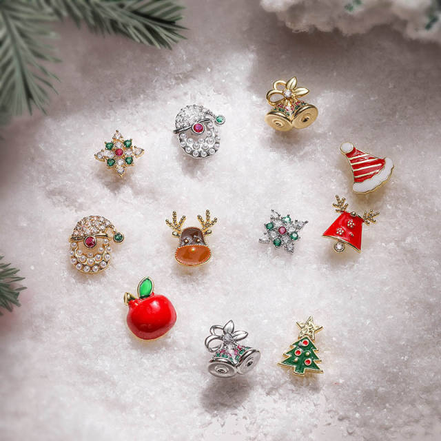 Sweet christmas hat elk bell design enamel copper studs earrings