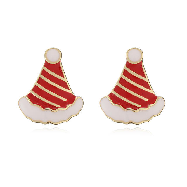Sweet christmas hat elk bell design enamel copper studs earrings