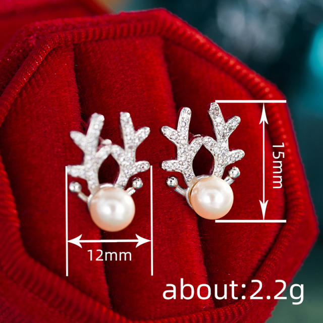 Imitation pearl diamond elk copper studs earrings christmas earrings
