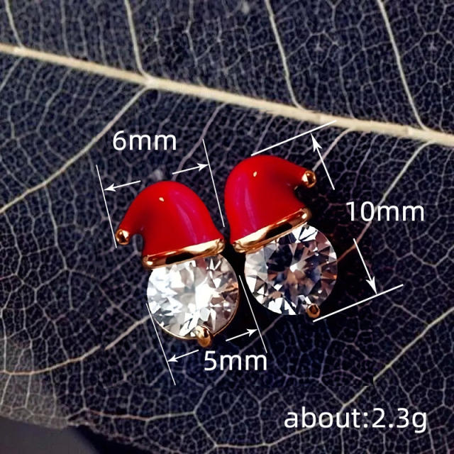 Cute enamel christmas hat diamond copper studs earrings