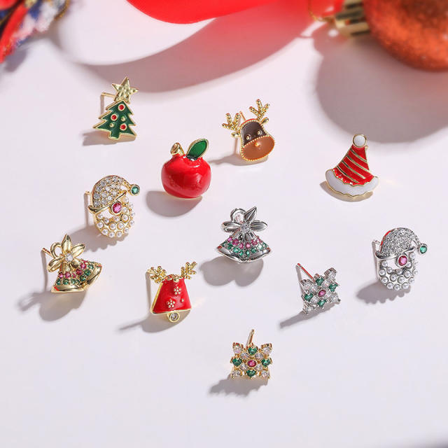 Sweet christmas hat elk bell design enamel copper studs earrings
