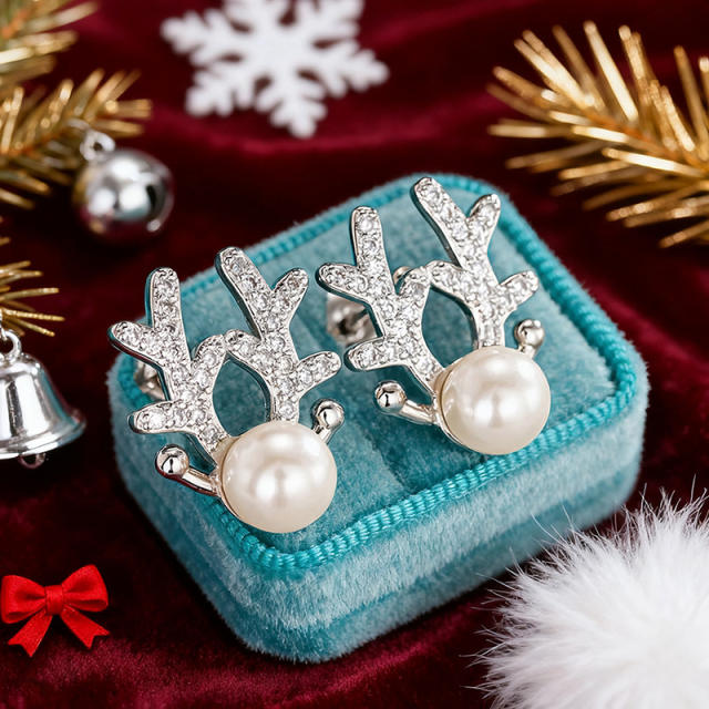 Imitation pearl diamond elk copper studs earrings christmas earrings