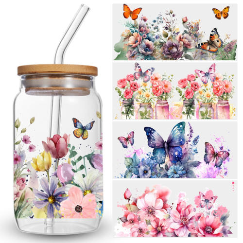 Colorful butterfly flower UV stickers for cups 5pcs set