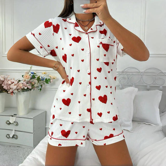 Love Cardigan Lapel Button Pajamas Women's Bow Short-sleeved Shorts Home Clothes Two-piece Set