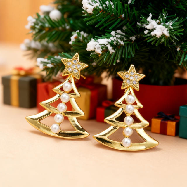 Gold color hollow christmas tree pearl bead inlaid earrings copper earrings