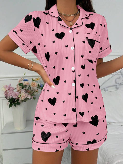 Love Cardigan Lapel Button Pajamas Women's Bow Short-sleeved Shorts Home Clothes Two-piece Set