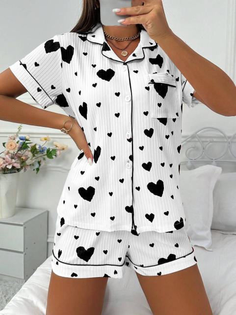 Love Cardigan Lapel Button Pajamas Women's Bow Short-sleeved Shorts Home Clothes Two-piece Set