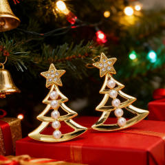 Gold color hollow christmas tree pearl bead inlaid earrings copper earrings