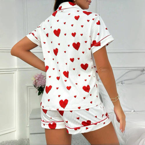 Love Cardigan Lapel Button Pajamas Women's Bow Short-sleeved Shorts Home Clothes Two-piece Set