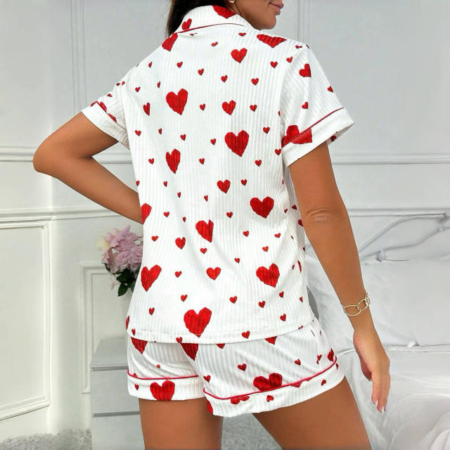 Love Cardigan Lapel Button Pajamas Women's Bow Short-sleeved Shorts Home Clothes Two-piece Set