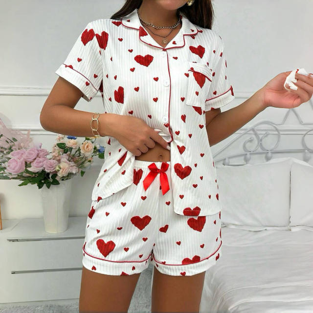 Love Cardigan Lapel Button Pajamas Women's Bow Short-sleeved Shorts Home Clothes Two-piece Set